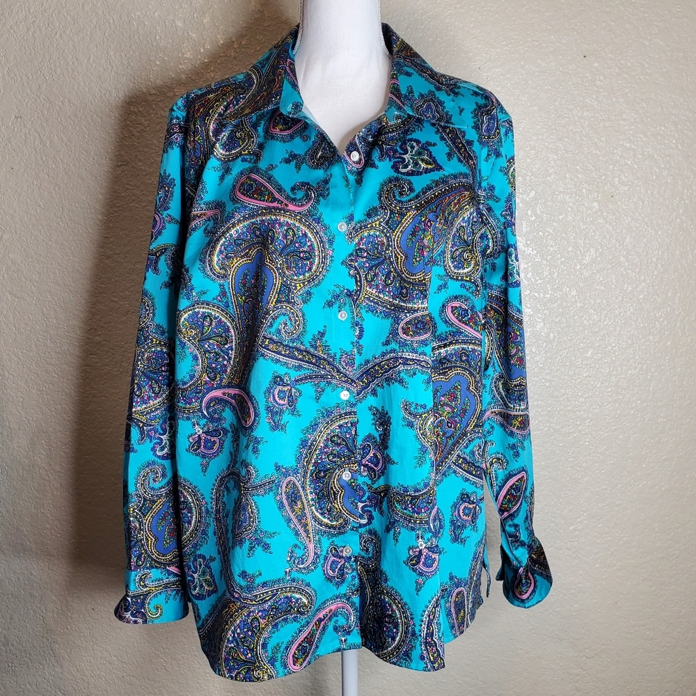 Talbots Woman Size 2X Fold Back Cuff Paisley Packable Turquoise Artsy Blouse